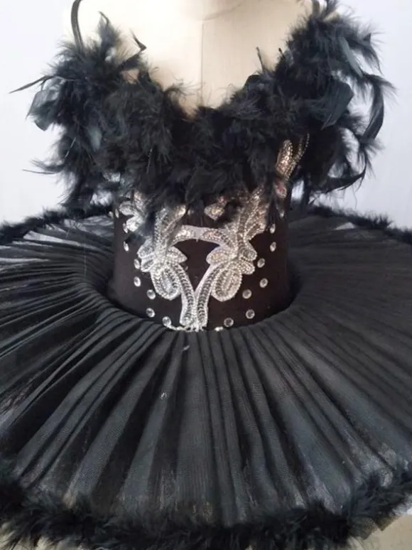 Ballet Dress Black Girl's Kid's Ballerina Feathers Ruffles Lace Polyester Dress Dancing Wear