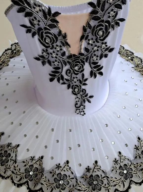 Ballet Dress Black Girl's Kid's Ballerina Embroidered Rhinestones Lace Polyester Dress Dancing Wear
