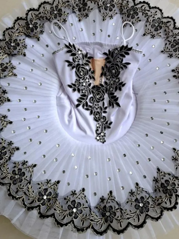 Ballet Dress Black Girl's Kid's Ballerina Embroidered Rhinestones Lace Polyester Dress Dancing Wear