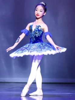 Ballet Dress Deep Blue Adults Kid's Ballerina Ruffles Lace Floral Print Polyester Dress Performance Wear