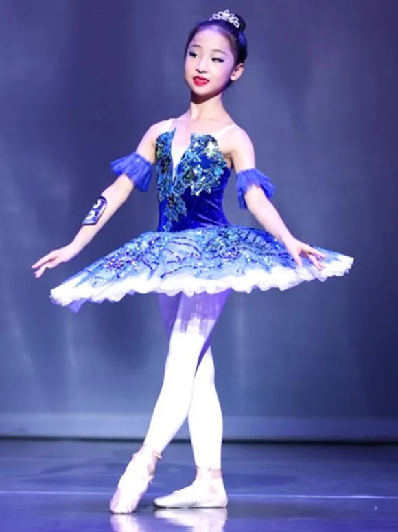 Ballet Dress Deep Blue Adults Kid's Ballerina Ruffles Lace Floral Print Polyester Dress Performance Wear
