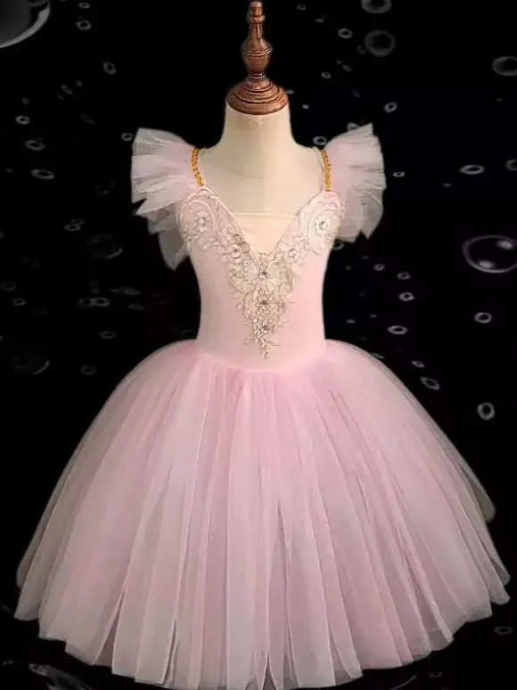 Ballet Dress Kids Girls Camisole Lace Open Shoulder Skirted Leotard Swan Lake Tutu Ballerina Costumes for Competition