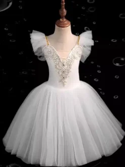 Ballet Dress Kids Girls Camisole Lace Open Shoulder Skirted Leotard Swan Lake Tutu Ballerina Costumes for Competition