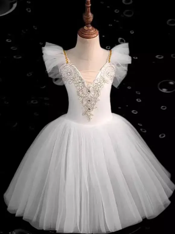 Ballet Dress Kids Girls Camisole Lace Open Shoulder Skirted Leotard Swan Lake Tutu Ballerina Costumes for Competition