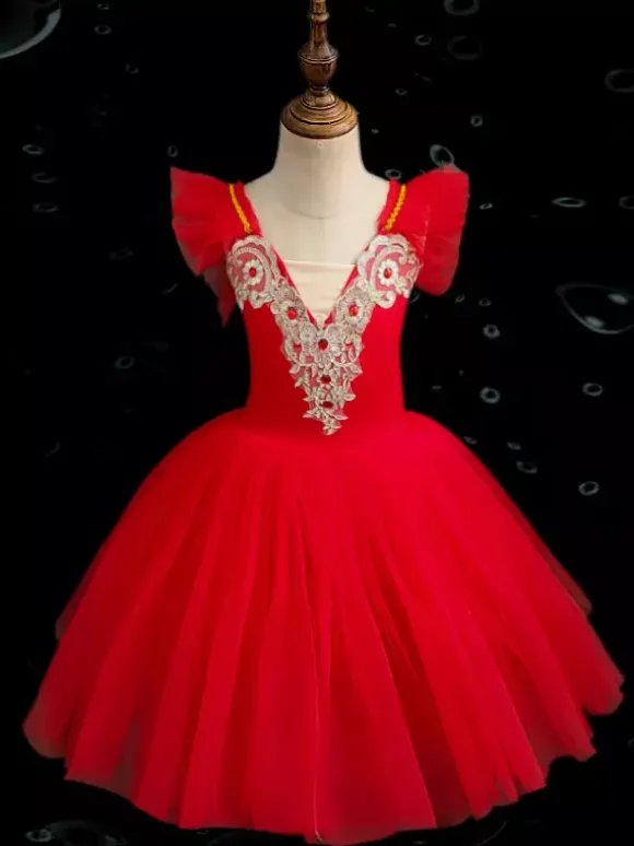Ballet Dress Kids Girls Camisole Lace Open Shoulder Skirted Leotard Swan Lake Tutu Ballerina Costumes for Competition
