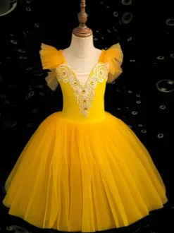 Ballet Dress Kids Girls Camisole Lace Open Shoulder Skirted Leotard Swan Lake Tutu Ballerina Costumes for Competition