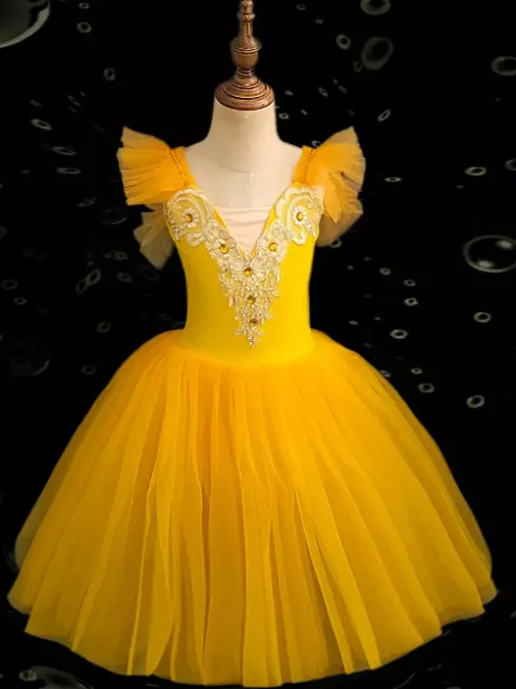 Ballet Dress Kids Girls Camisole Lace Open Shoulder Skirted Leotard Swan Lake Tutu Ballerina Costumes for Competition
