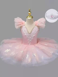 Ballet Dress Light Sky Blue Girl's Kid's Snow Applique Ballerina Polyester Dress Performance Wear