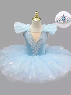 Ballet Dress Light Sky Blue Girl's Kid's Snow Applique Ballerina Polyester Dress Performance Wear