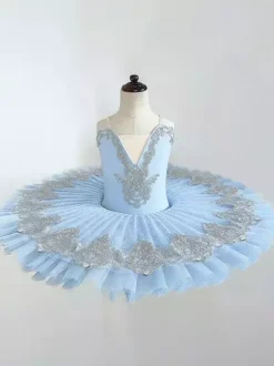 Ballet Dress Light Sky Blue Women's Adult's Ballerina Ruffles Lace Polyester Dress Dancing Wear