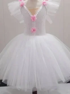 Ballet Dress Pink Girl's Kid's Ballerina Rhinestones Lace Lace Polyester Dress Set Performance Wear