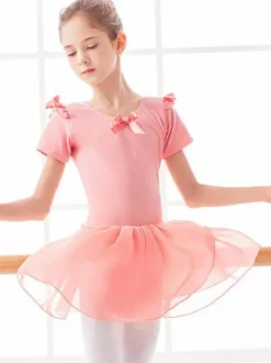 Ballet Dress Pink Women's Kid's Ballerina Bows Pleated Artwork Backless Lycra Spandex Dress Tunic dancing wear
