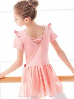 Ballet Dress Pink Women's Kid's Ballerina Bows Pleated Artwork Backless Lycra Spandex Dress Tunic dancing wear