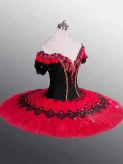 Ballet Dress Red Girl's Adult's Ballerina Rhinestones Flowers Lace Polyester Dress Set Performance Wear