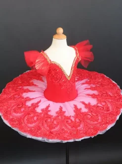 Ballet Dress Red Women's Adult's Ballerina Sequins Lace Lace Polyester Dress Set Performance Wear