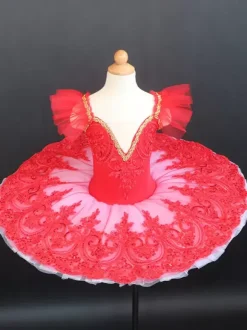 Ballet Dress Red Women's Adult's Ballerina Sequins Lace Lace Polyester Dress Set Performance Wear
