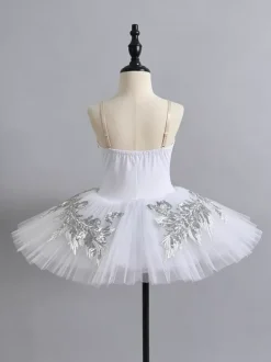 Ballet Dress White Women's Adult's Ballerina Sequins Ruffles Lace Polyester Dress Dancing Wear