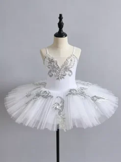 Ballet Dress White Women's Adult's Ballerina Sequins Ruffles Lace Polyester Dress Dancing Wear