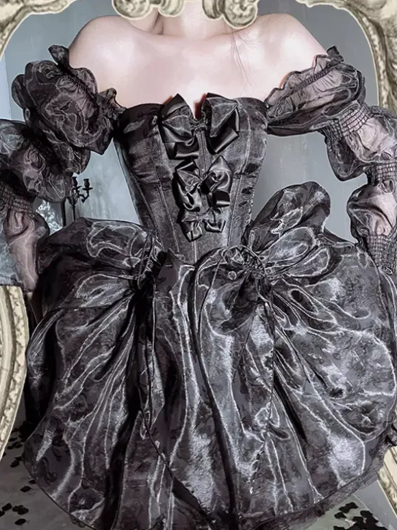 Ballet Sweet Lolita Dress Long Sleeves Bows Black Lolita Dress With Train