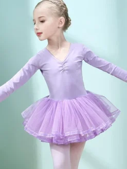 Ballet Dance Costumes Lavender Women's Kid's Dancer Cut Out Ruffles Artwork Pleated Cotton Blend Dress Tunic dancing wear