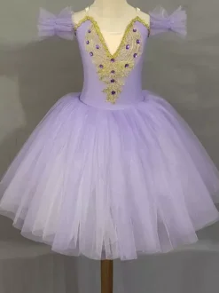 Ballet Dance Costumes Lavender Girl's Short Sleeves Beaded Ballerina Polyester Dress Performance Wear
