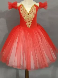 Ballet Dance Costumes Lavender Girl's Short Sleeves Beaded Ballerina Polyester Dress Performance Wear