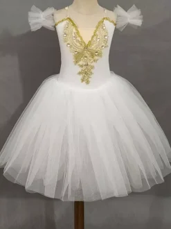 Ballet Dance Costumes Lavender Girl's Short Sleeves Beaded Ballerina Polyester Dress Performance Wear
