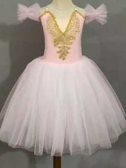 Ballet Dance Costumes Lavender Girl's Short Sleeves Beaded Ballerina Polyester Dress Performance Wear
