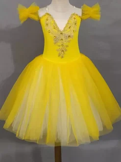 Ballet Dance Costumes Lavender Girl's Short Sleeves Beaded Ballerina Polyester Dress Performance Wear