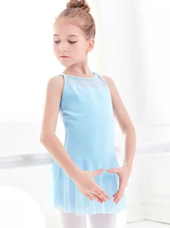 Ballet Dance Costumes Light Sky Blue Women's Kid's Ballerina Pleated Criss-Cross Artwork Backless Lycra Spandex Dress Tunic dancing wear