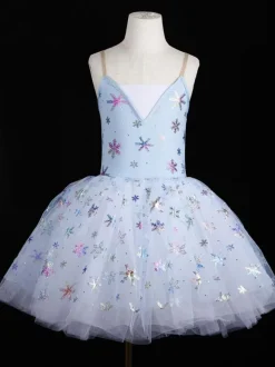 Ballet Dance Costumes Light Sky Blue Girl's Adult's Ballerina Sequins Ruffles Lace Polyester Dress Performance Wear
