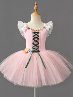 Ballet Dance Costumes Pink Girl's Lace Bandage Ballerina Polyester Dress Performance Wear