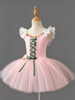 Ballet Dance Costumes Pink Girl's Lace Bandage Ballerina Polyester Dress Performance Wear