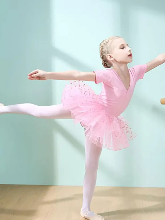 Ballet Dance Costumes Pink Women's Kid's Dancer Cut Out Ruffles Polka Dot Pleated Cotton Blend Dress Tunic performance wear
