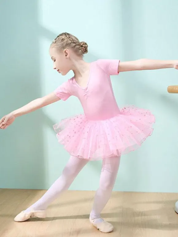 Ballet Dance Costumes Pink Women's Kid's Dancer Cut Out Ruffles Polka Dot Pleated Cotton Blend Dress Tunic performance wear