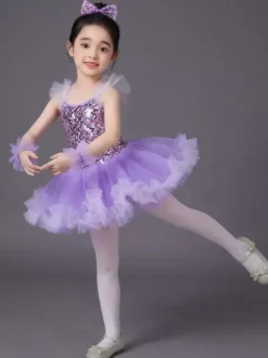 Ballet Dance Costumes Purple Girl's Kid's Ballerina Sequins Polyester Dress Dancing Costumes