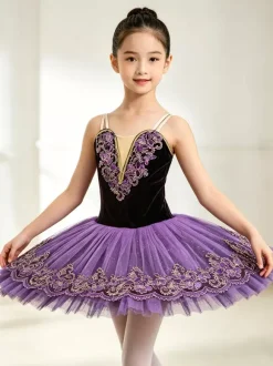 Ballet Dance Costumes Purple Girl's Kid's Ballerina Embroidered Polyester Dancing Wear