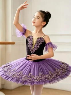Ballet Dance Costumes Purple Girl's Kid's Ballerina Embroidered Polyester Dancing Wear