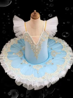 Ballet Dress Blue Girl's Kid's Ballerina Ruffles Embroidered Lace Polyester Dress Performance Wear