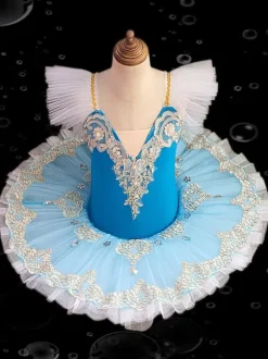 Ballet Dress Blue Girl's Kid's Ballerina Ruffles Embroidered Lace Polyester Dress Performance Wear