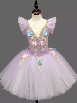Ballet Dress Light Sky Blue Kid's Ballerina Ruffles Flowers Tutu Dress Dress Dancing Wear