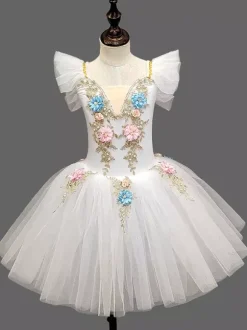 Ballet Dress Light Sky Blue Kid's Ballerina Ruffles Flowers Tutu Dress Dress Dancing Wear