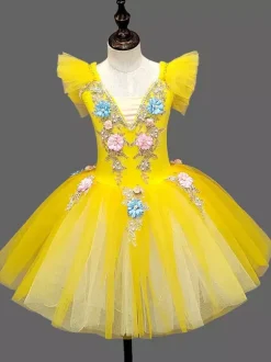 Ballet Dress Light Sky Blue Kid's Ballerina Ruffles Flowers Tutu Dress Dress Dancing Wear