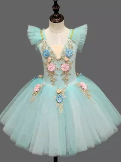 Ballet Dress Light Sky Blue Kid's Ballerina Ruffles Flowers Tutu Dress Dress Dancing Wear