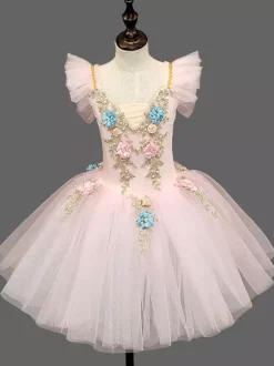Ballet Dress Light Sky Blue Kid's Ballerina Ruffles Flowers Tutu Dress Dress Dancing Wear