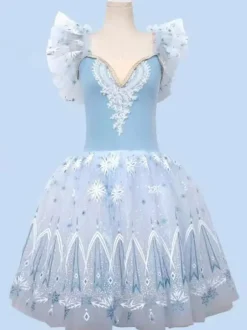 Ballet Dress Light Sky Blue Women's Kid's Ballerina Sequins Lace Floral Print Polyester Dress Set Dancing Wear