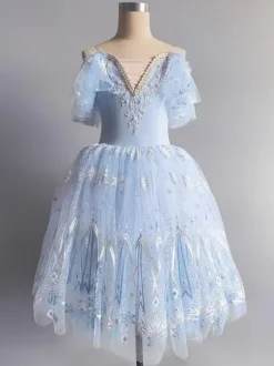 Ballet Dress Light Sky Blue Women's Kid's Ballerina Sequins Lace Floral Print Polyester Dress Set Dancing Wear