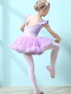 Ballet Dress Lilac Women's Kid's Dancer Cut Out Ruffles Artwork Pleated Cotton Blend Dress Tunic dancing wear