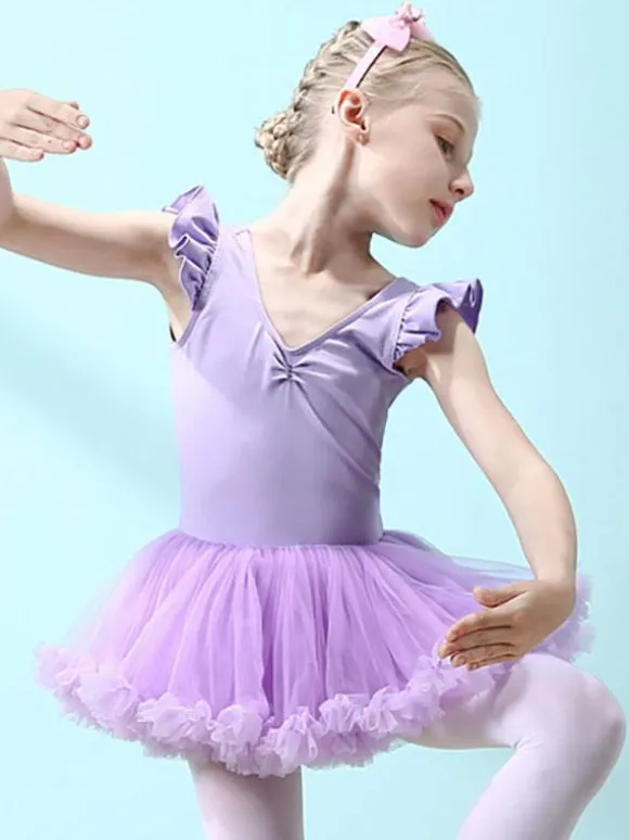 Ballet Dress Lilac Women's Kid's Dancer Cut Out Ruffles Artwork Pleated Cotton Blend Dress Tunic dancing wear