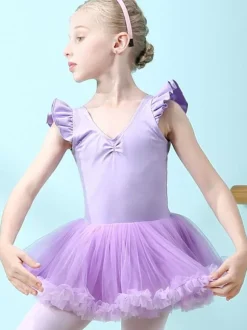 Ballet Dress Lilac Women's Kid's Dancer Cut Out Ruffles Artwork Pleated Cotton Blend Dress Tunic dancing wear